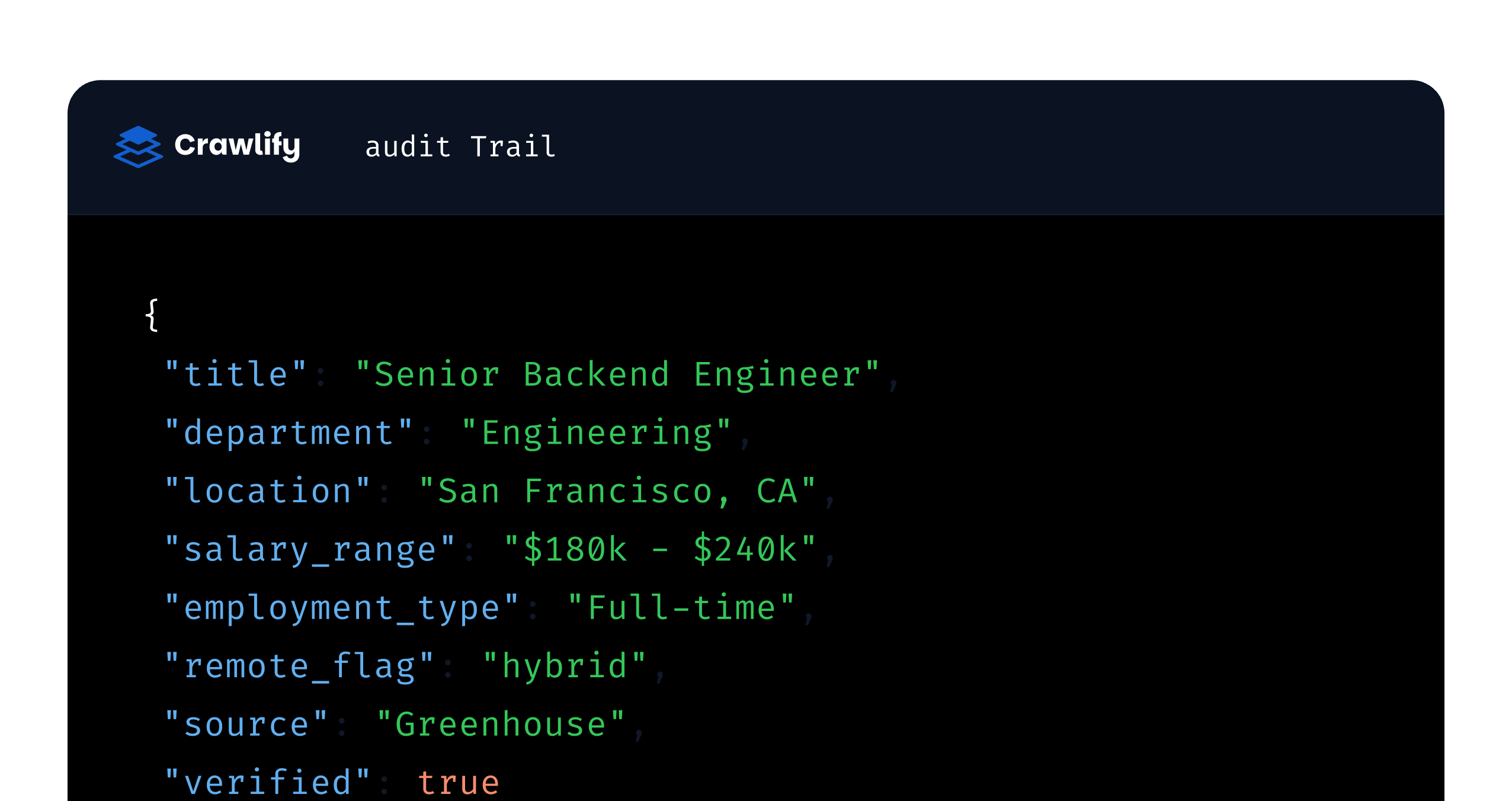 A verified Crawlify record open in an audit trail panel, listing its fields and its source