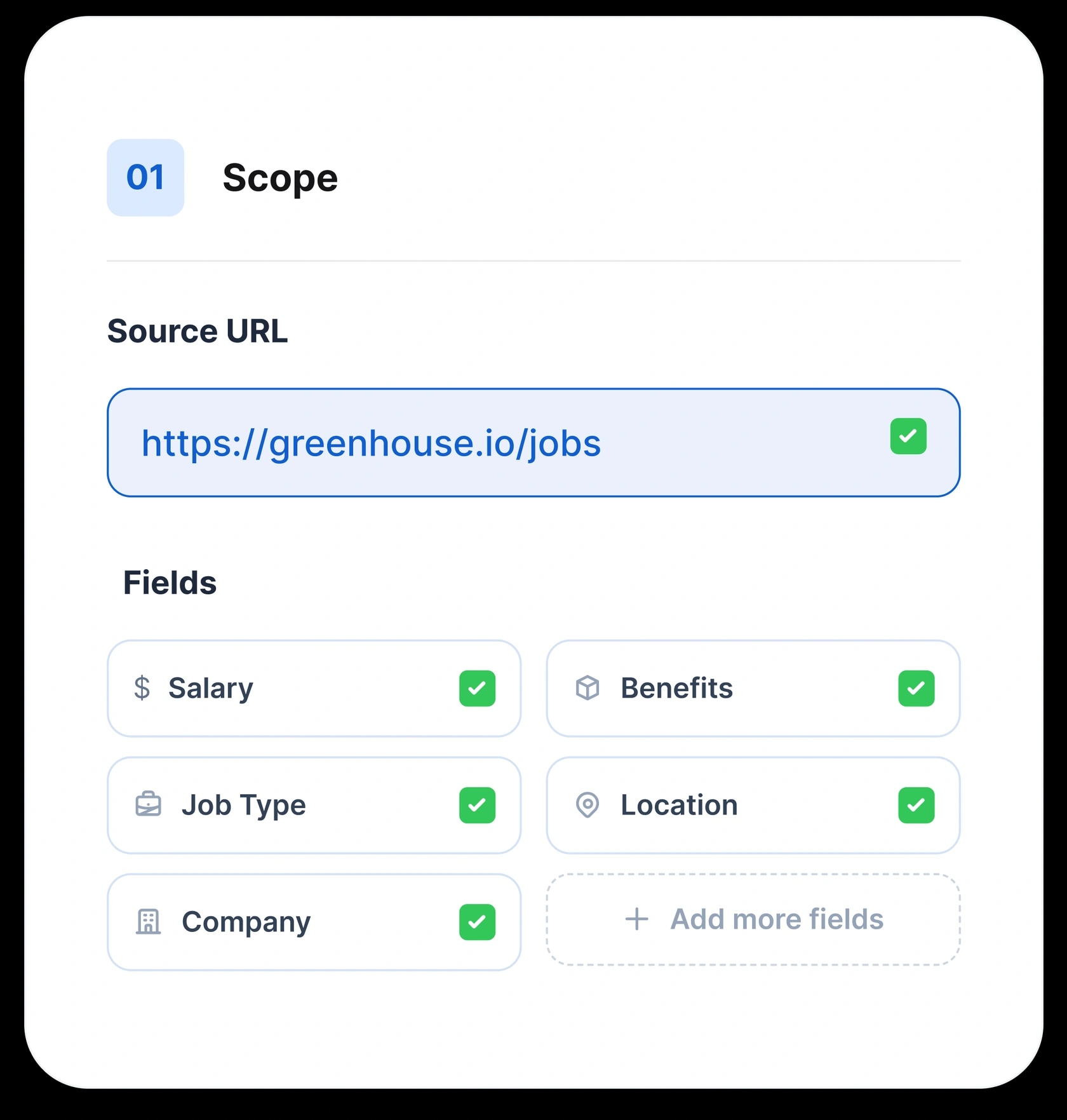 The scoping step: a source URL and the fields to extract — salary, benefits, job type, location, company — each confirmed