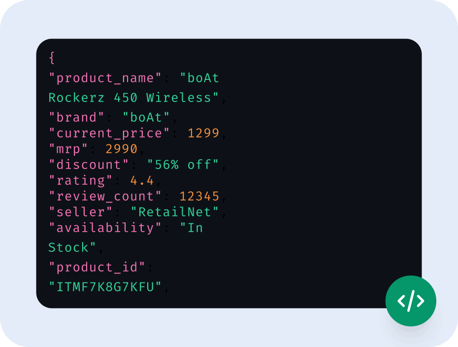 The same product as a JSON record with price, MRP, discount, rating and seller fields