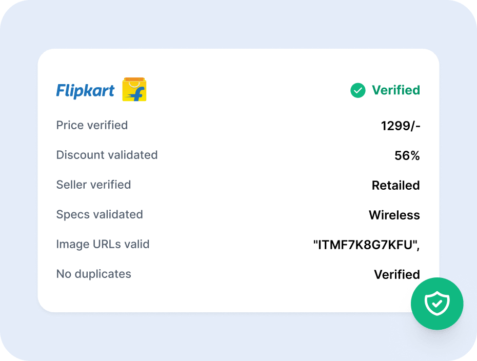 The record marked verified, its price, discount, seller and specifications validated against the listing