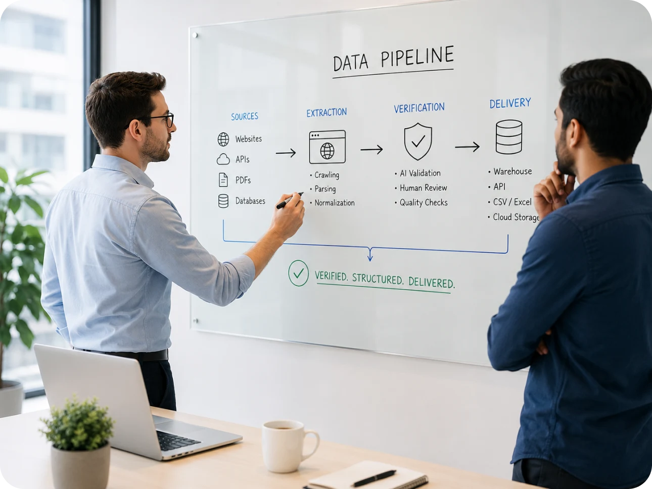 Two colleagues at a whiteboard mapping Crawlify's data pipeline — sources to extraction to verification to delivery