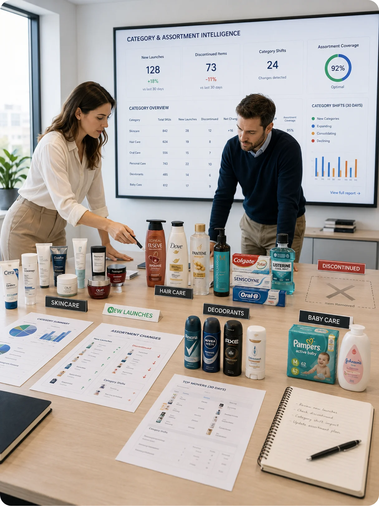 Category managers comparing competitor product launches and assortment shifts