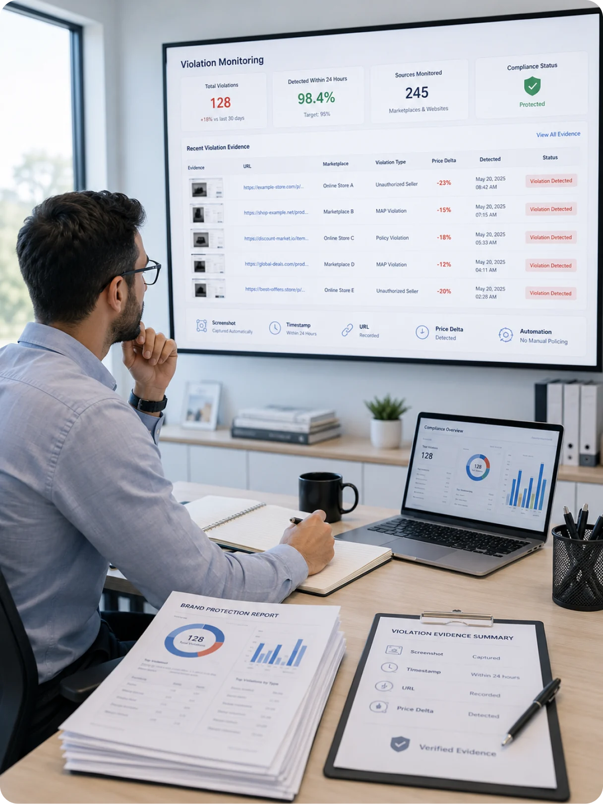 A brand manager reviewing MAP violation evidence with timestamps and price deltas