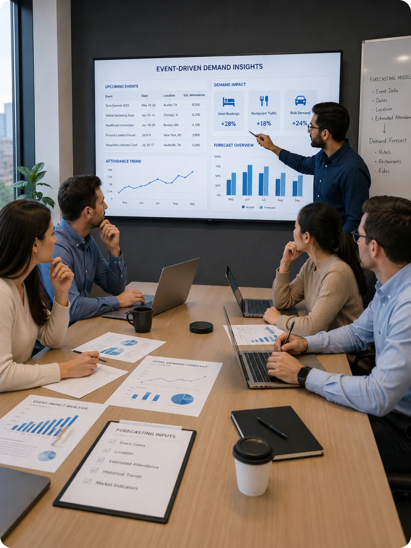 A forecasting team modelling hotel and transport demand against a calendar of events