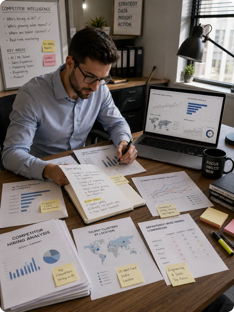A corporate strategy team monitoring competitor hiring in real time to spot talent clusters forming
