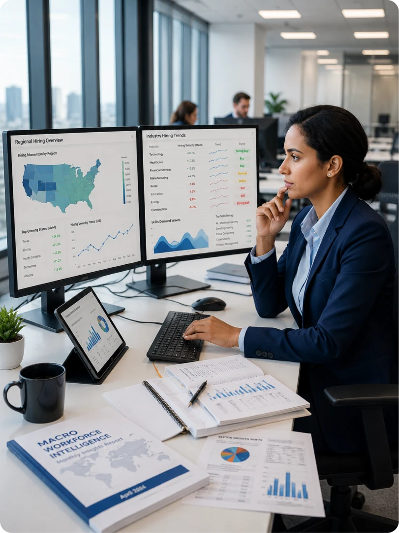 A macro strategist reading aggregate hiring trends by sector and geography ahead of official data