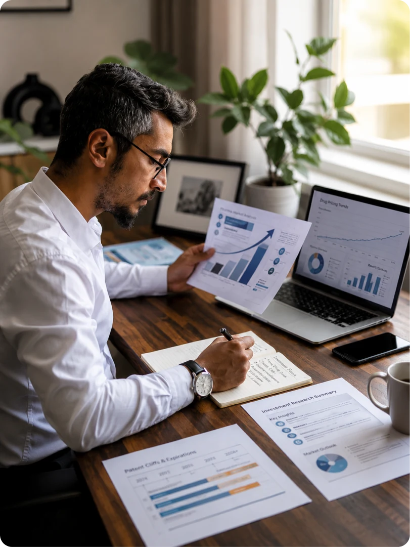 A healthcare investor analyzing drug-pricing trends, patent cliffs and pipeline intelligence for due diligence