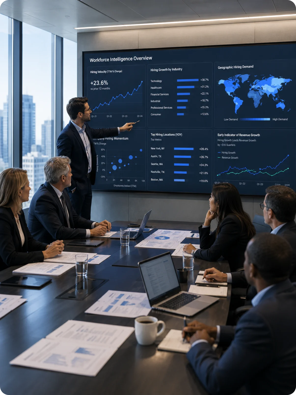 An investment team reviewing hiring-velocity signals mapped to tickers