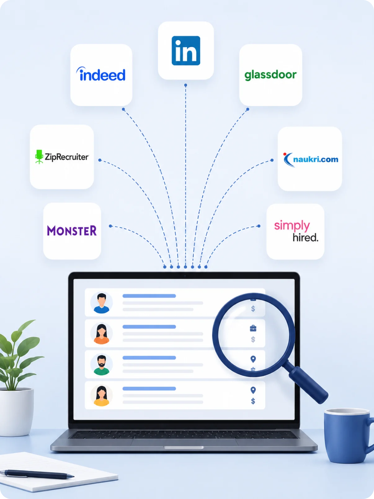 Listings from Indeed, LinkedIn, Glassdoor and niche boards being deduplicated into one clean feed