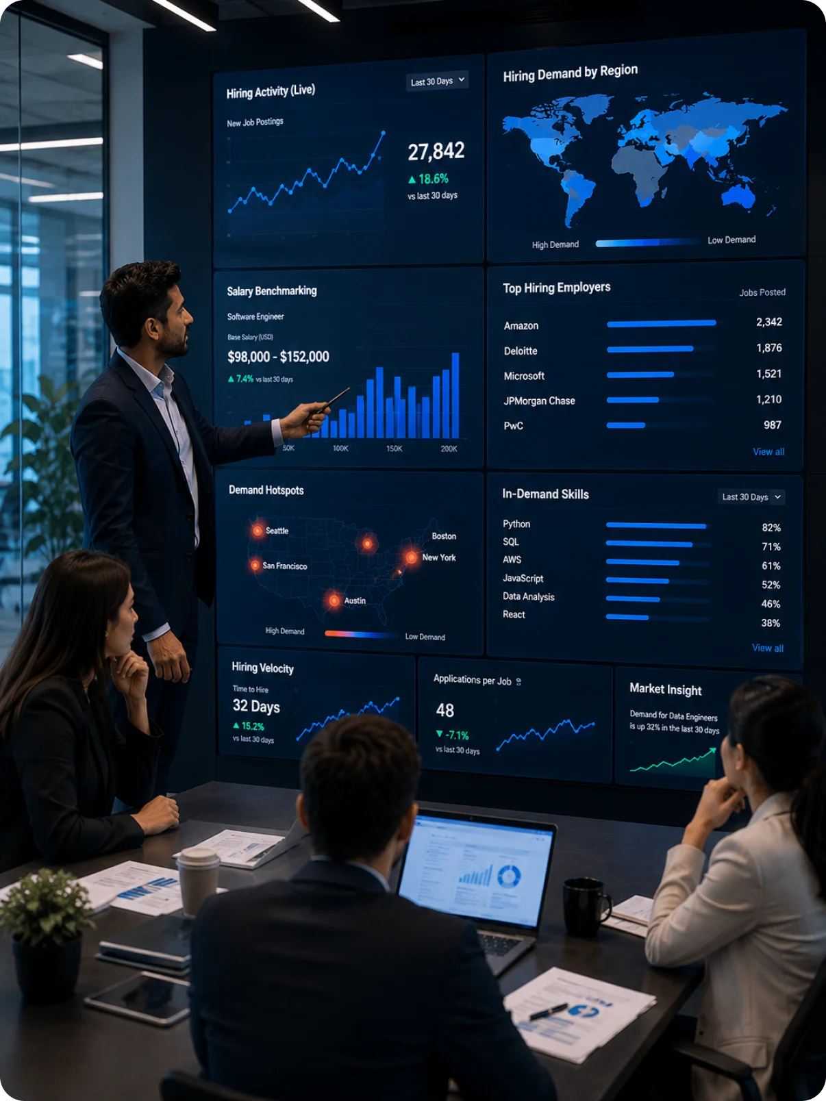 A recruiting team reviewing hiring demand across employers on a wall display