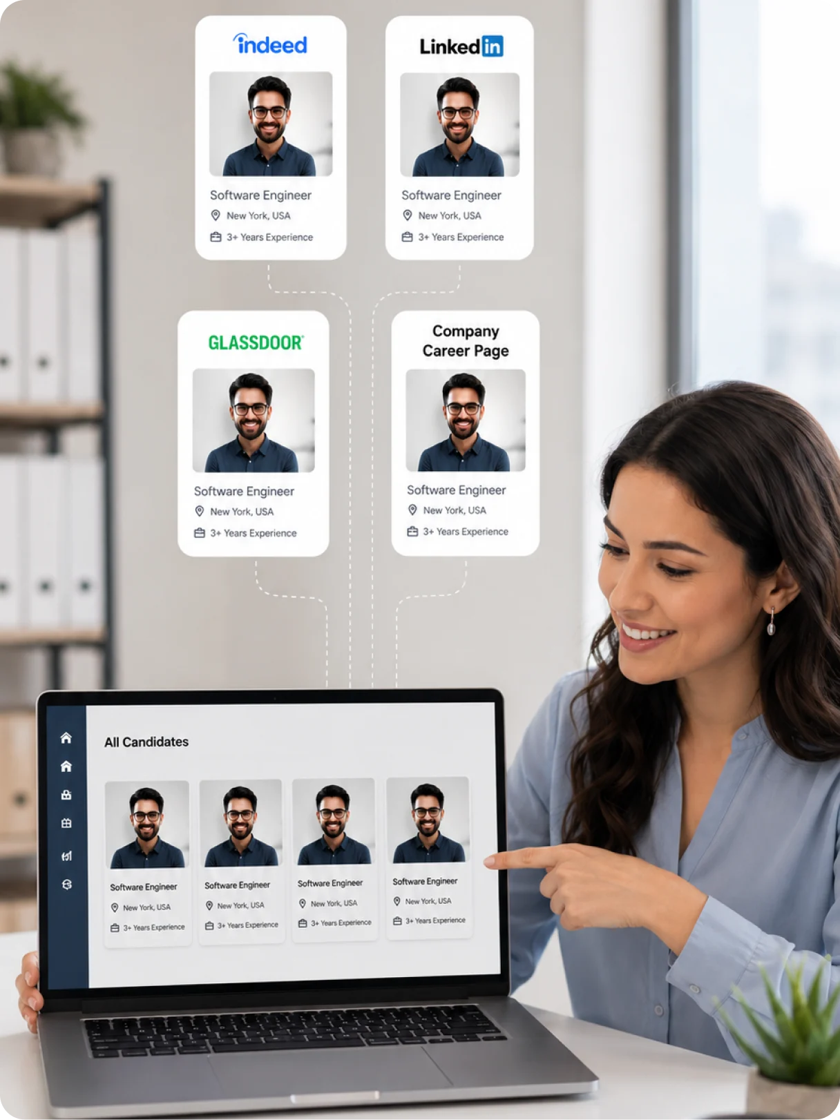 The same software engineer role repeated across Indeed, LinkedIn, Glassdoor and a company career page