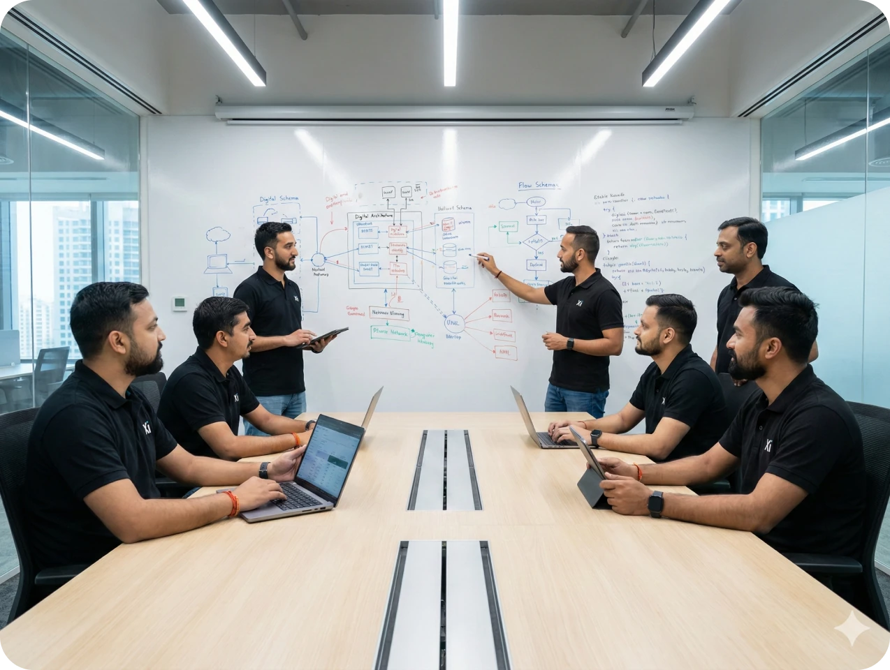 The Xillentech team in a meeting room, mapping a digital architecture and data flow schema across a whiteboard