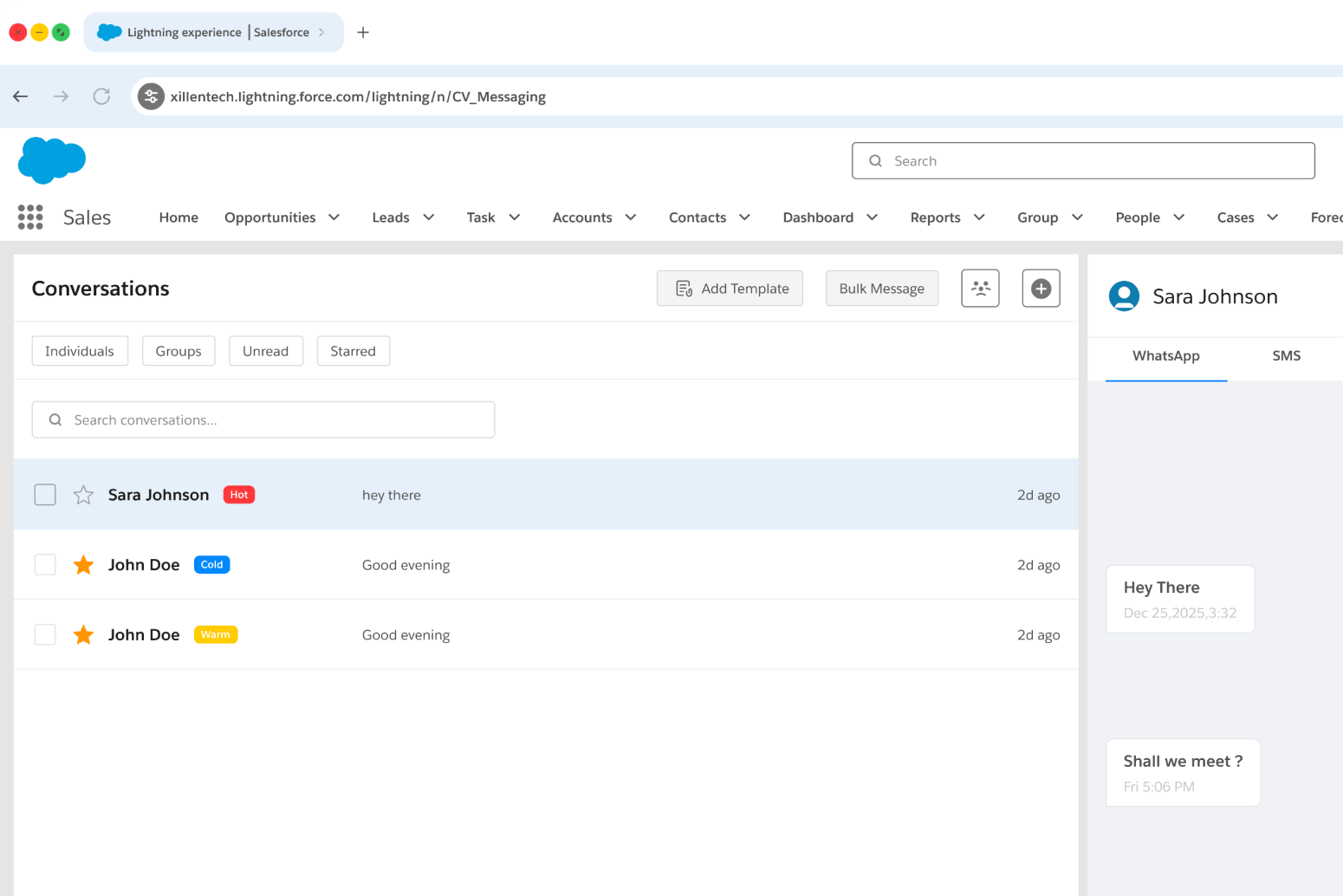 A Salesforce conversations view with a WhatsApp thread open beside the customer record