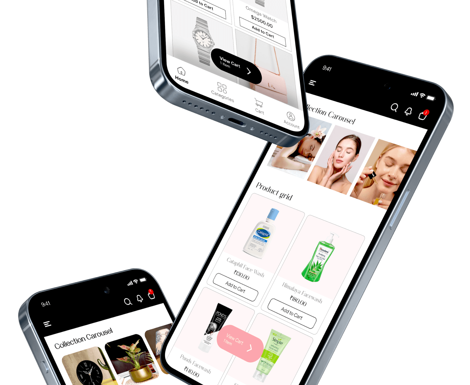 Three phones showing a MobiVogue storefront: a product grid, a product page and a checkout