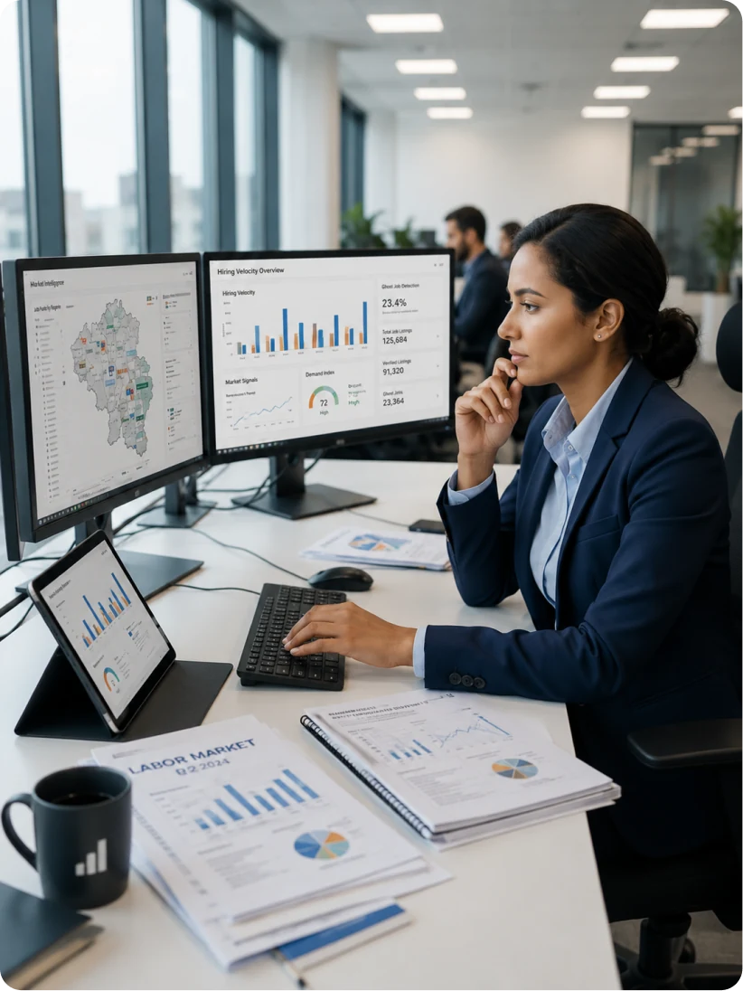 An analyst comparing hiring-velocity and labour-market dashboards across two monitors, printed reports spread across the desk