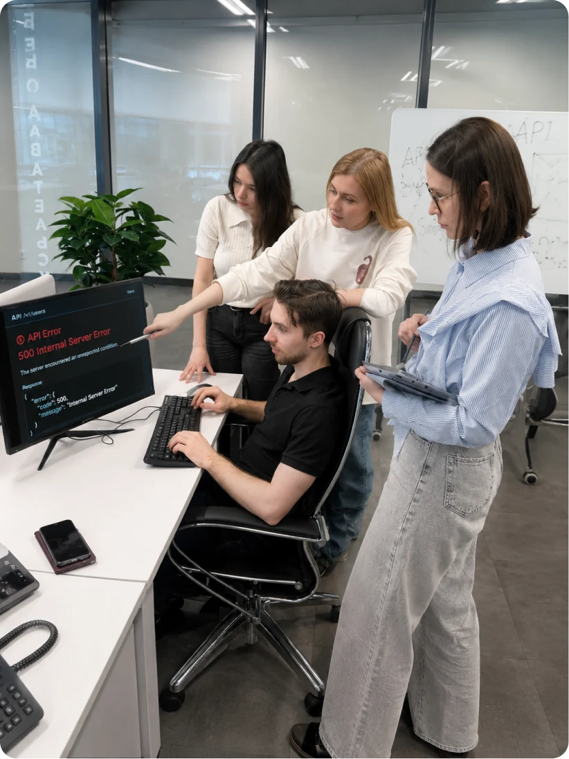 A team crowded around a monitor showing a 500 Internal Server Error from an API, working through a broken extraction
