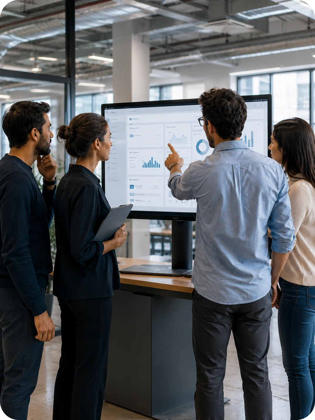 Five colleagues gathered at a wall-mounted display, one pointing out a trend line on an analytics dashboard