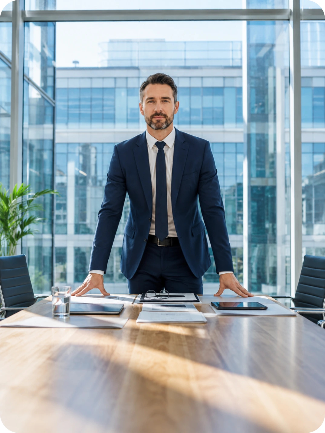 A man in a navy suit standing at the head of a boardroom table, hands resting on it, glass office towers filling the window behind him