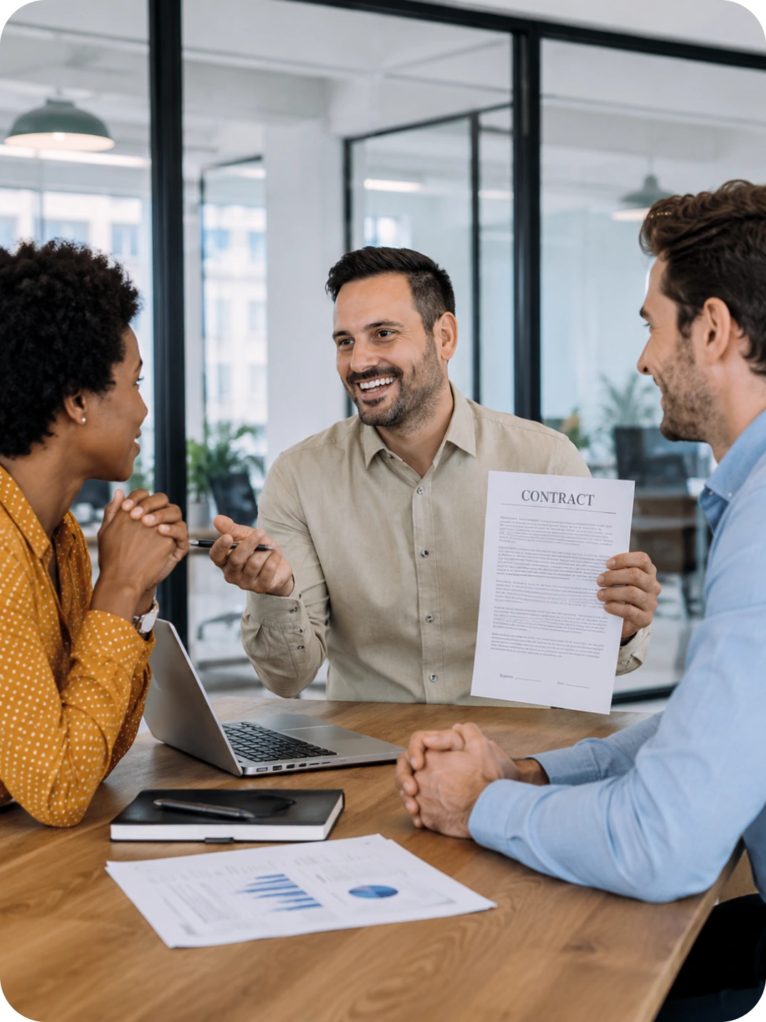 Three colleagues talking across a meeting table, one holding up a printed contract beside a laptop and charts