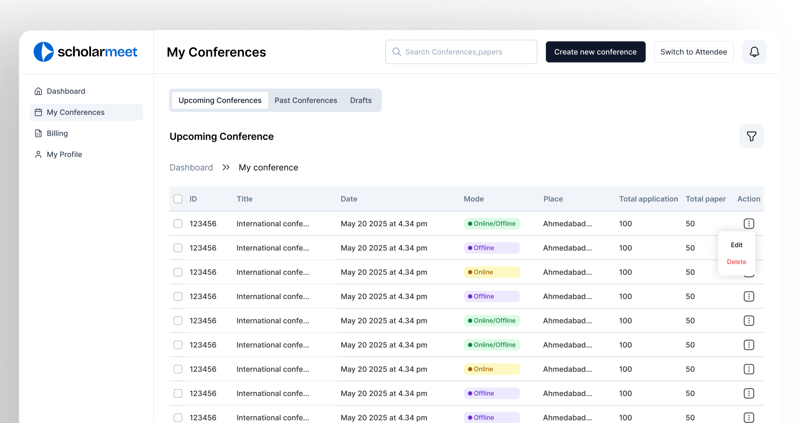 The ScholarMeet dashboard listing upcoming conferences with dates, modes, venues and application counts