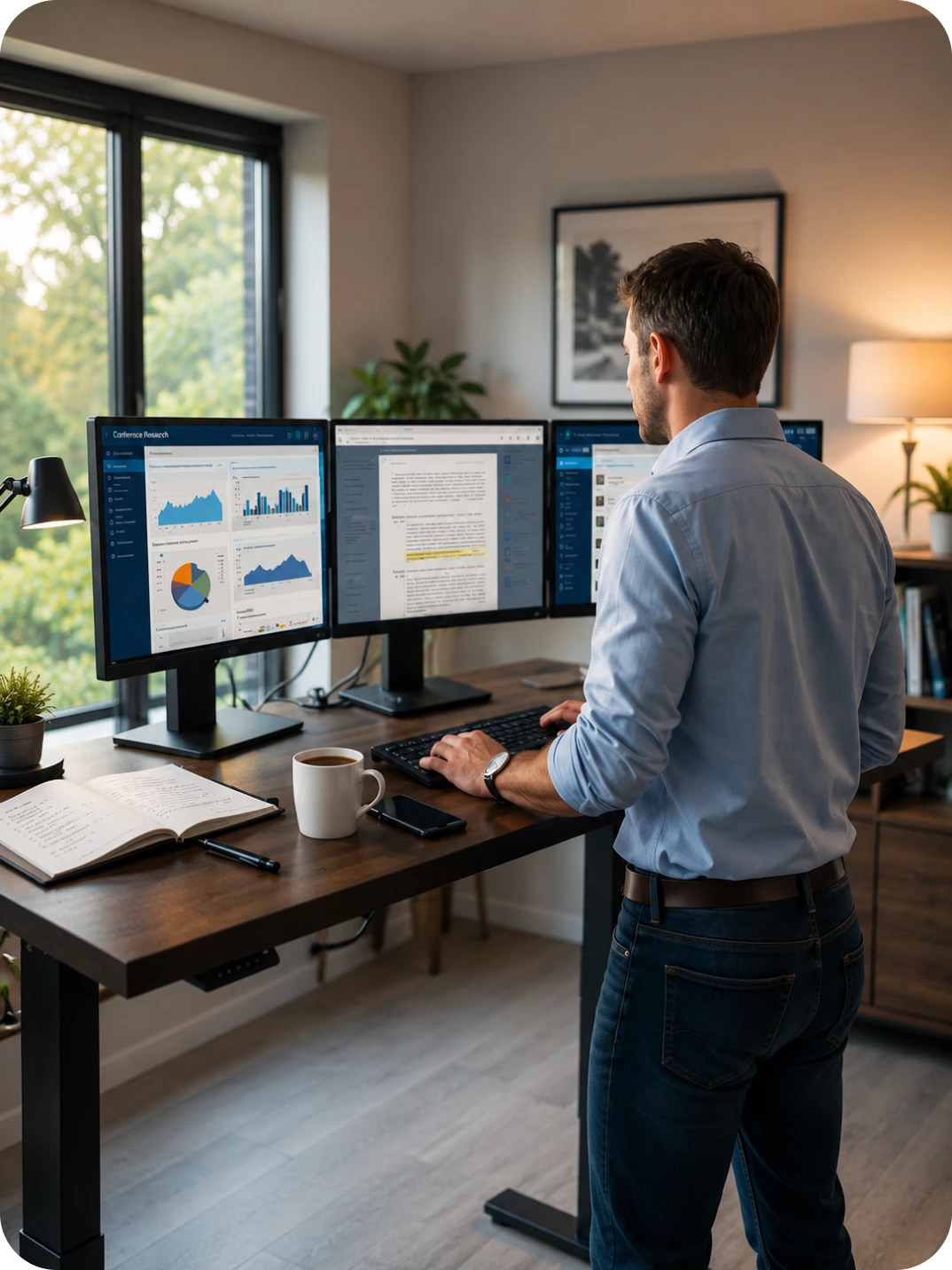 A researcher at a standing desk working across three monitors of conference listings and documents