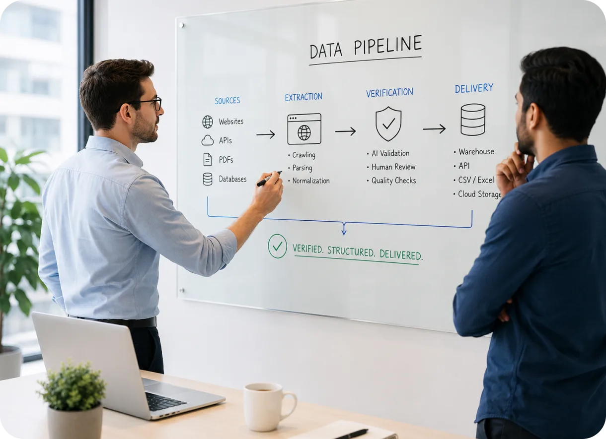 A builder sketching a data-pipeline diagram from sources through verification to delivery