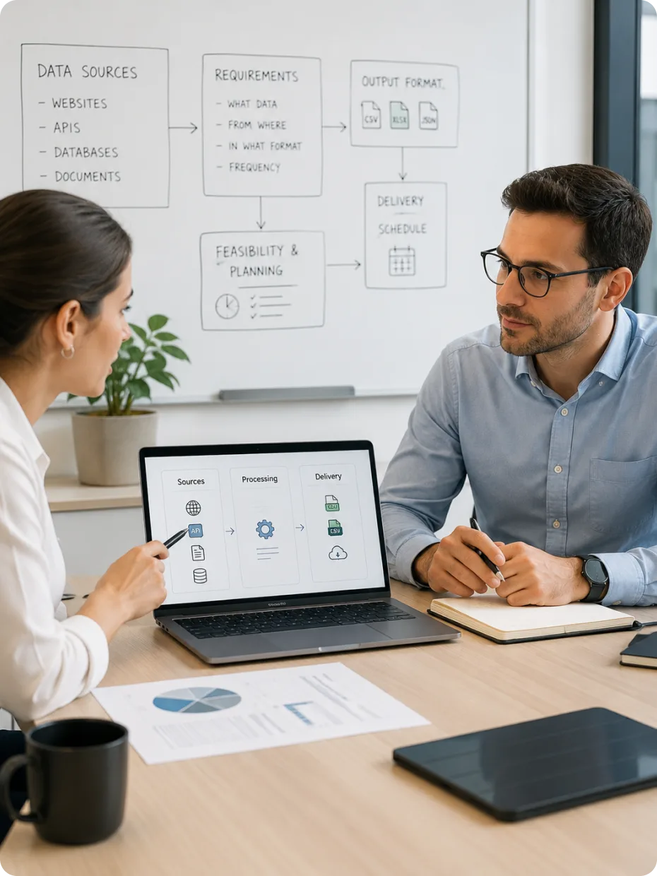 Two colleagues scoping data sources and delivery format against a whiteboard plan