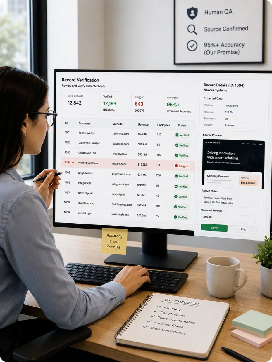 An analyst running human QA over extracted records, flagging anomalies and confirming sources