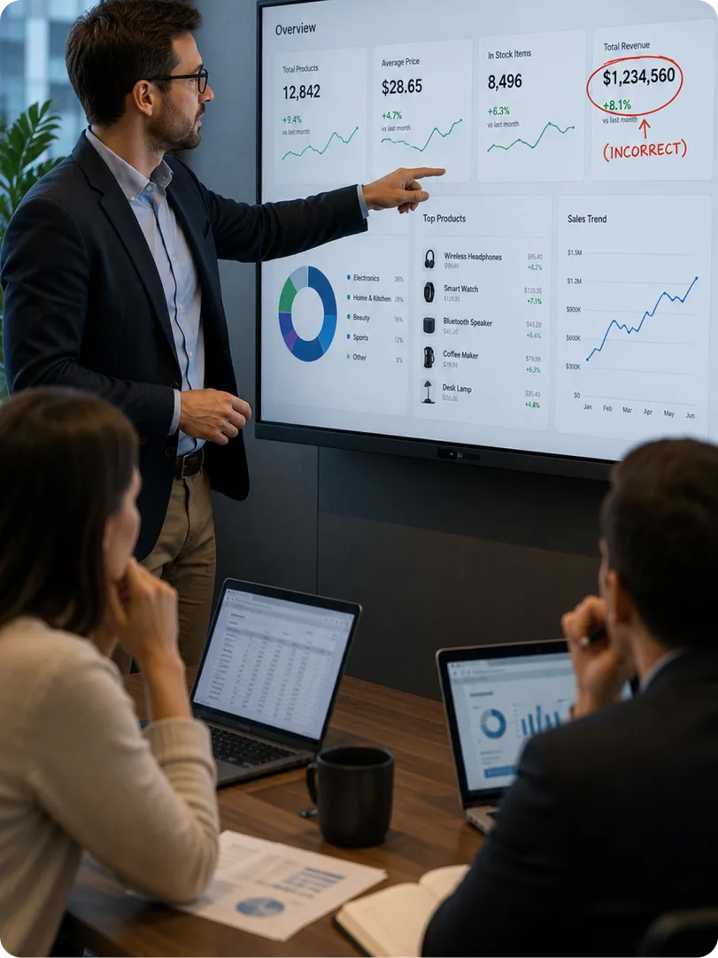 A team reviewing a dashboard where an AI-generated revenue figure is circled and marked incorrect