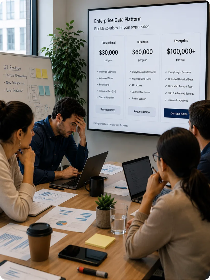 A team weighing an enterprise data platform's pricing tiers on a meeting-room screen