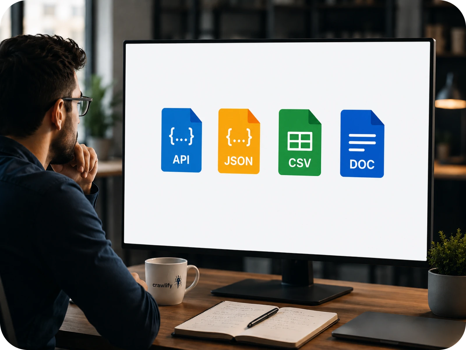 A person at a desk studying a monitor that shows API, JSON, CSV, and DOC file formats — the outputs Crawlify delivers