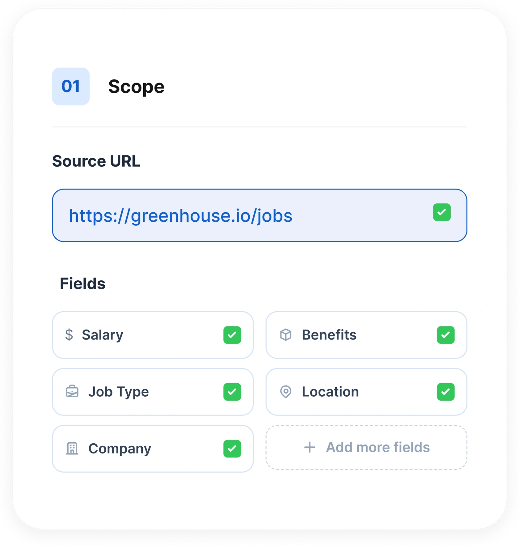 The scoping step: a source URL and the fields to extract — salary, benefits, job type, location, company — each confirmed