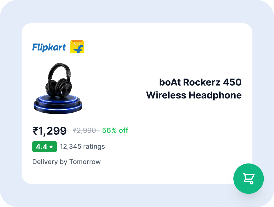 A Flipkart product card showing price, MRP, discount, rating and delivery estimate