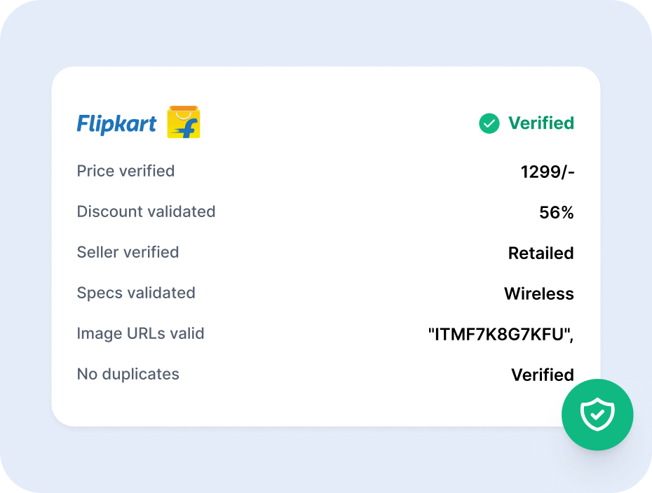 The record marked verified, its price, discount, seller and specifications validated against the listing
