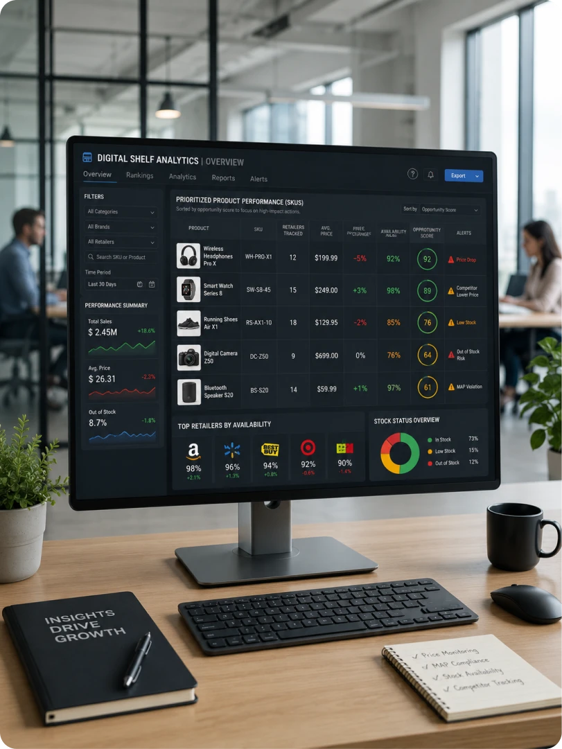 A digital shelf analytics dashboard tracking product performance and pricing