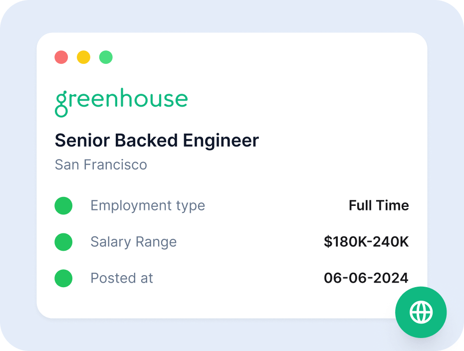A Greenhouse job card showing title, location, employment type, salary range and posted date