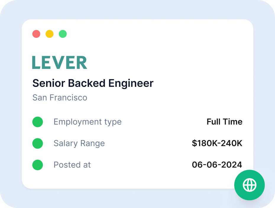 A Lever job card showing title, location, employment type, salary range and posted date