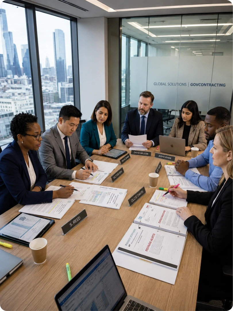 A government contracting team reviewing bid documents around a boardroom table