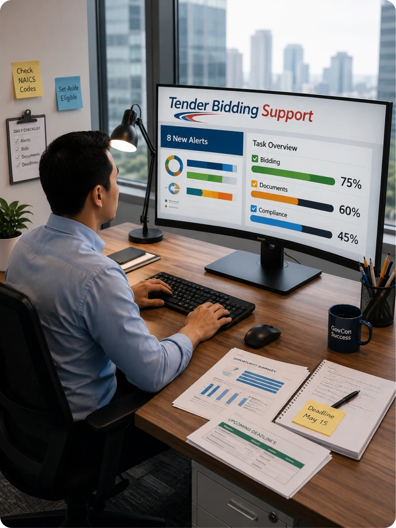 A tender bidding support dashboard tracking bid tasks, alerts and progress