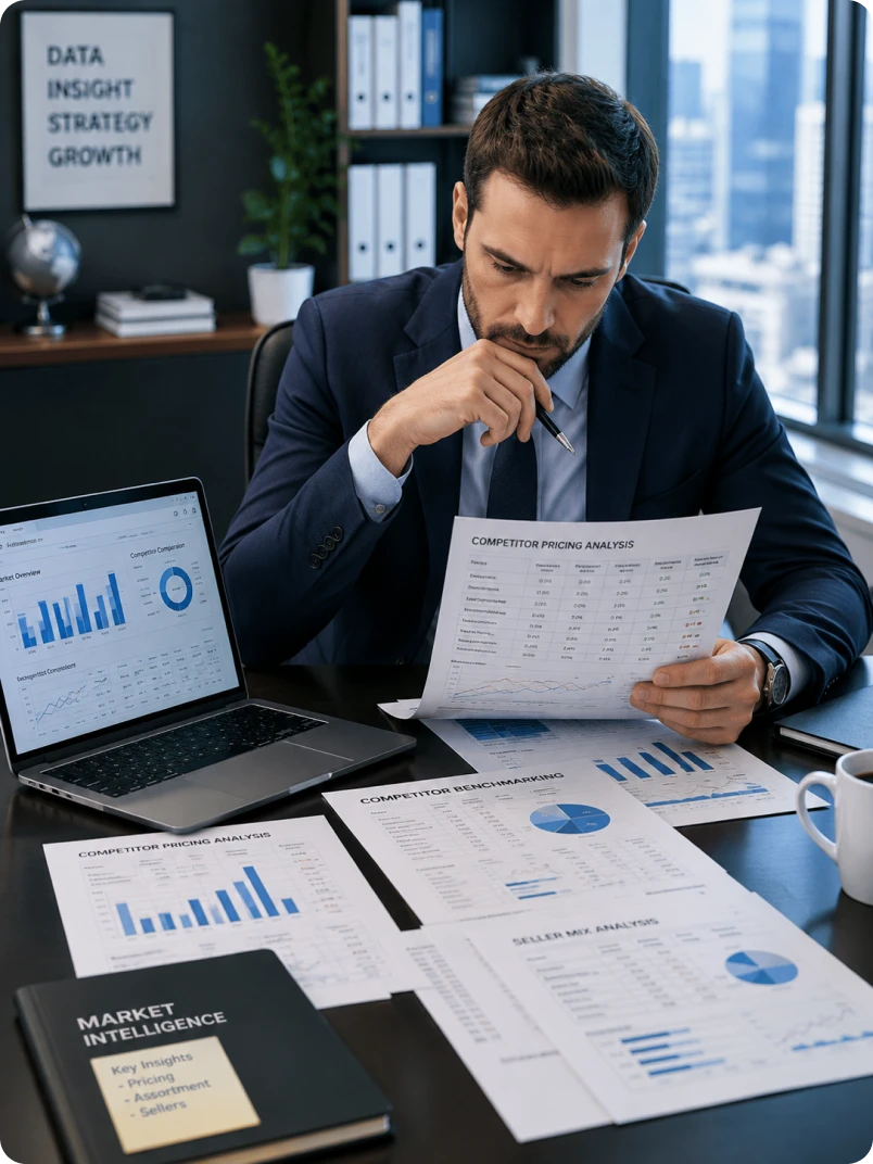 An analyst reviewing printed market intelligence reports at a desk