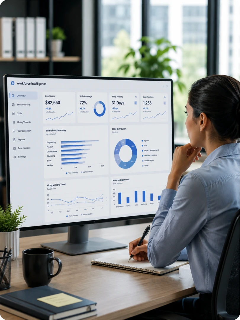 A recruiter reviewing workforce analytics on a desktop dashboard