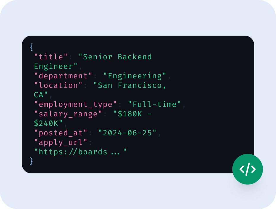 The same posting as a JSON record with title, department, location and salary fields
