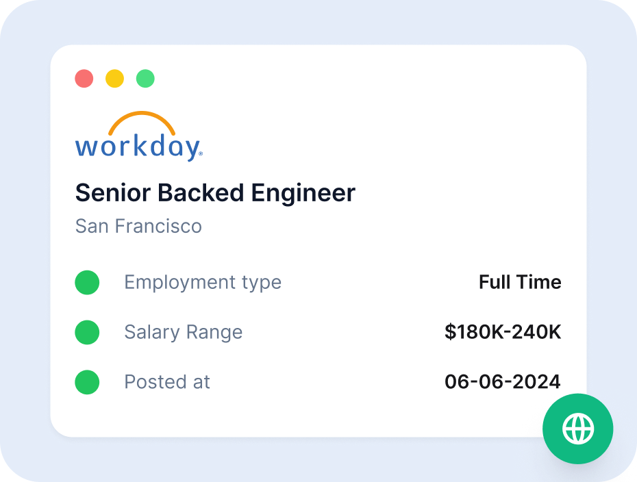 A Workday job card showing title, location, employment type, salary range and posted date