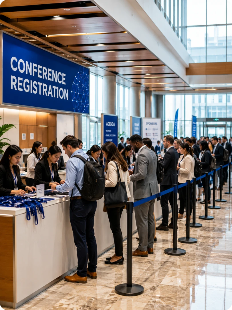 Attendees checking in at a conference registration desk