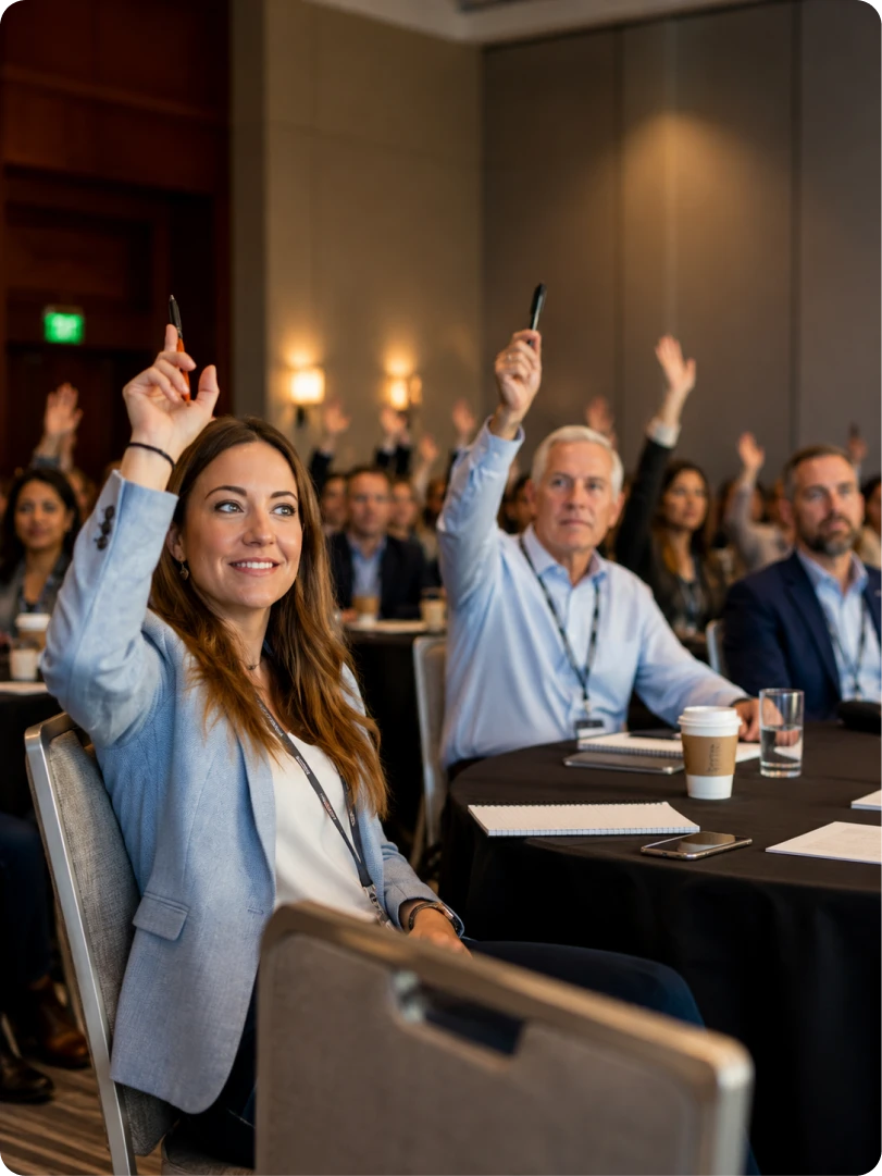 Audience members raising their hands during a conference Q&A