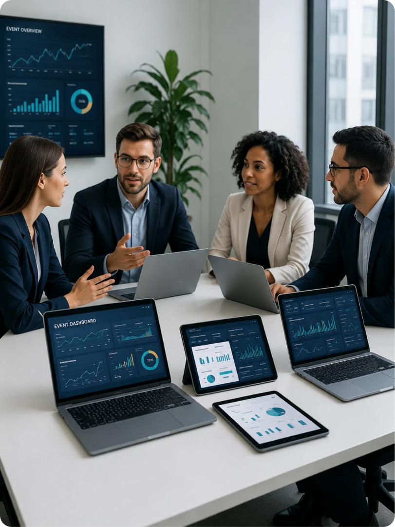 Four colleagues reviewing hiring dashboards across laptops in a meeting room