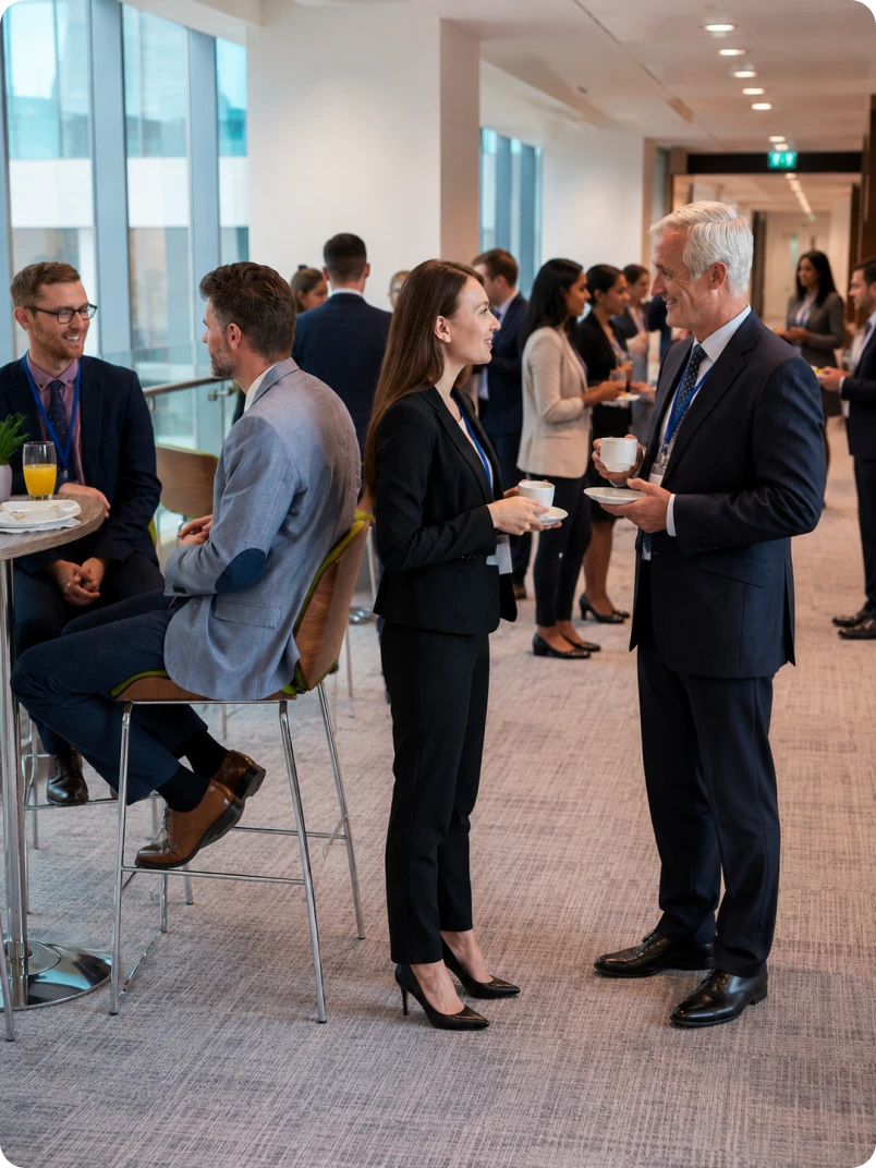 Professionals talking over coffee in a conference networking area