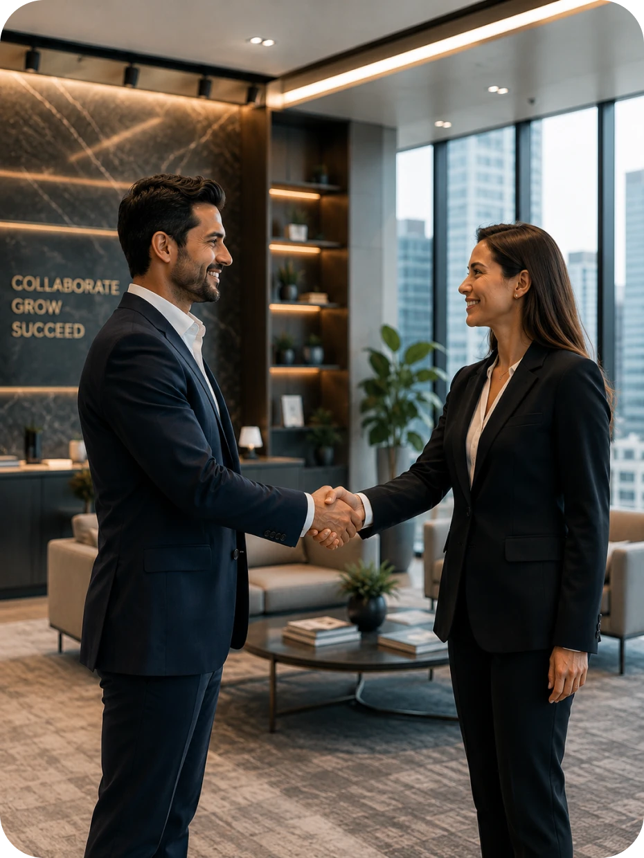 Two professionals shaking hands in a modern office lobby, representing a compliant, responsible data partnership