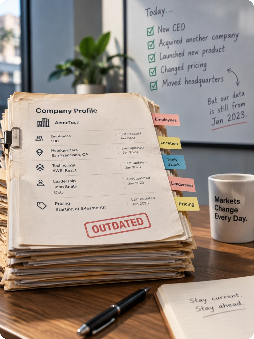 A tall stack of company profile files stamped OUTDATED, with a whiteboard reading "But our data is still from Jan 2023"