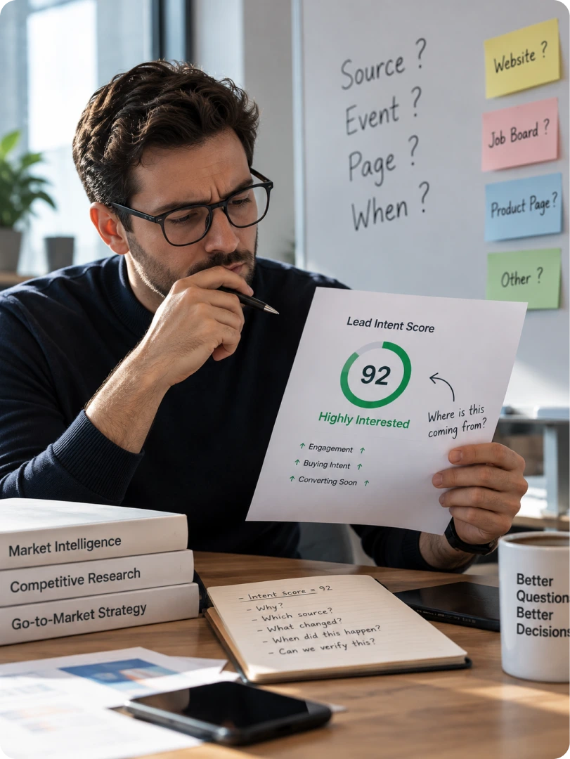 A sales rep frowning at a printed Lead Intent Score of 92 marked Highly Interested, annotated "Where is this coming from?", with a whiteboard asking Source, Event, Page and When